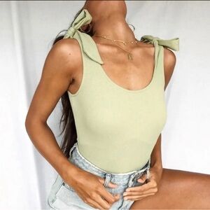 Princess Polly Sage Green Shoulder Tie Bodysuit